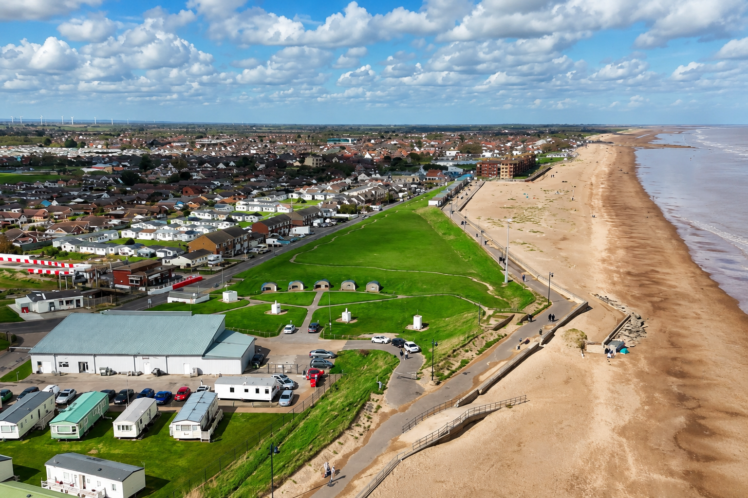 Aerial view of Trusville Holiday Homes beside the beach at Mablethorpe